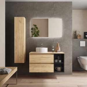 Mueble baño bequia plus 90 cm roble y coqueta negrocon lavabo +encimera