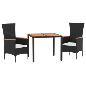 vidaXL set comedor de jardín 3 pzas con cojines ratán sintético negro