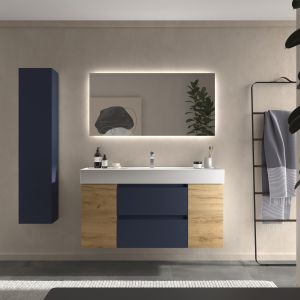 Mueble baño bequia 120cm + coqueta centrado + lavabo cerámica| azul/ roble