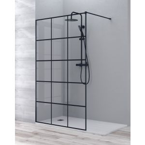 Mampara ducha fijo walk in | panel cuadrícula negra 90cm negro