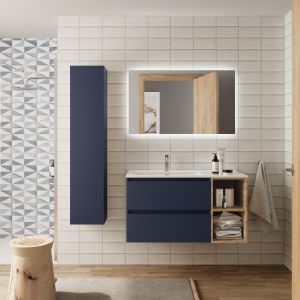 Mueble baño bequia 90cm + coqueta derecha + lavabo cerámica| azul/ roble