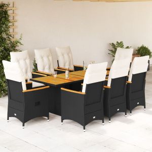 vidaXL set de comedor de jardín 9 pzas y cojines ratán sintético negro