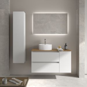 Mueble baño bequia 100cm + coqueta reversible + encimera + lavabo | blanco