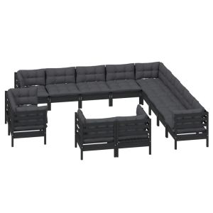 vidaXL muebles de jardín 13 pzas y cojines negro madera maciza de pino