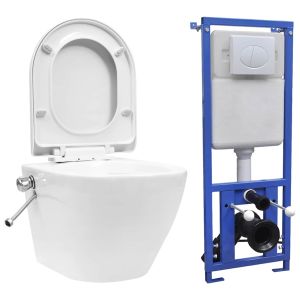 vidaXL inodoro wc de pared sin bordes cisterna oculta cerámica blanco