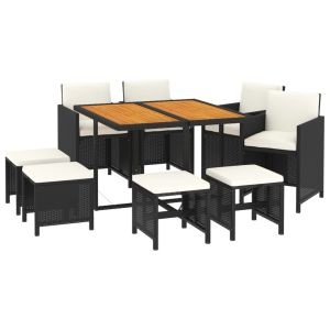 vidaXL set de comedor de jardín 9 pzas y cojines ratán sintético negro