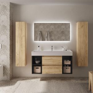 Mueble baño bequia plus 120 cm roble y 2 coquetas laterales negro+lavabo