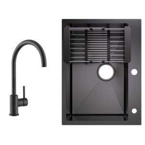 Fregadero 60x45 cm con escurridor negro antracita + grifo de cocina monoman