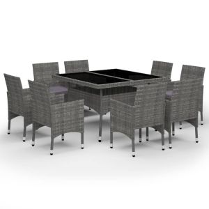 vidaXL set de comedor de jardín 9 piezas ratán pe y vidrio gris