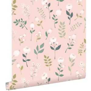 Estahome papel pintado flores rosa suave, verde y blanco - 0,53 x 10,05 m