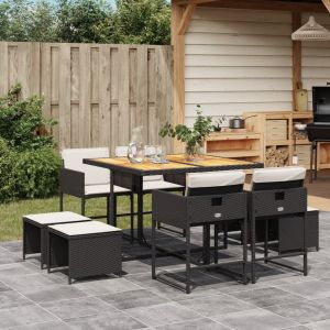 vidaXL set de comedor de jardín 9 pzas y cojines ratán sintético negro