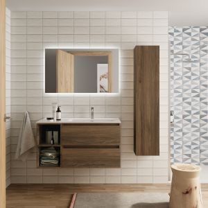 Mueble baño bequia 90cm + coqueta izquierda + lavabo cerámica| nogal