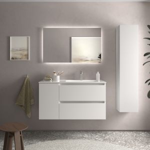 Mueble baño bequia 90cm + coqueta izquierda + lavabo cerámica| blanco