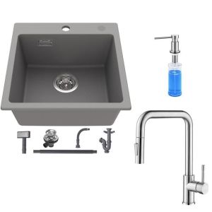 Fregadero de cocina en granito gris 45x45cm, grifo de cocina extraíble, dis