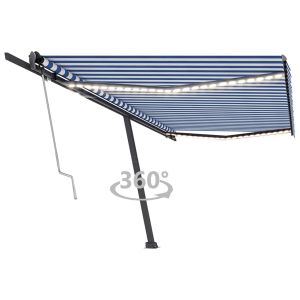 vidaXL toldo automático LED sensor de viento azul y blanco 500x350 cm