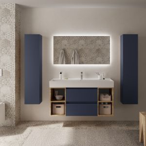 Mueble baño bequia 120cm + coqueta centrado + lavabo cerámica| azul/ roble