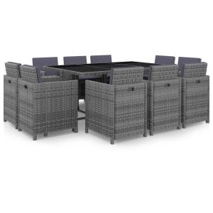 vidaXL set de comedor de jardín 11 pzas y cojines ratán sintético gris