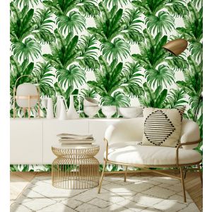 Papel pintado gaulan  lavable tropical hojas plantas verde textura 10.6m²