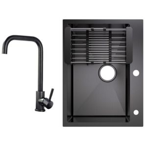 Fregadero de cocina 60x45 cm con escurridor negro antracita + grifo de coci