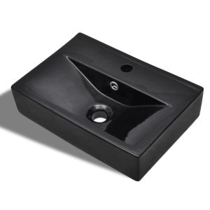 vidaXL lavabo rectangular de cerámica hueco de grifo/desagüe negro