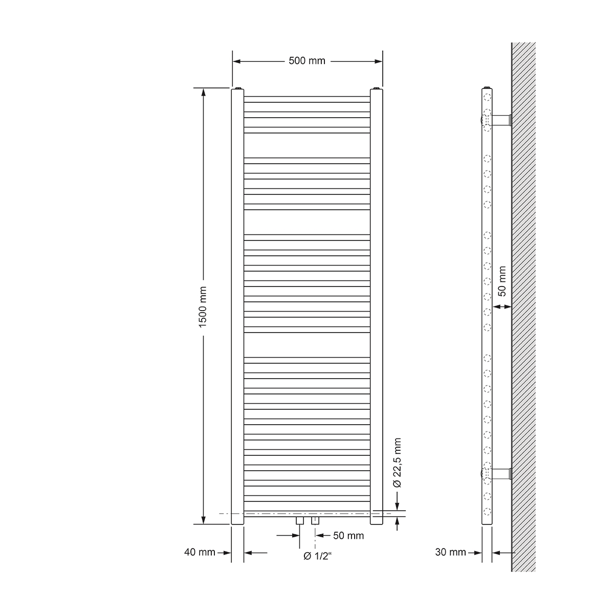 GLOVASOL Radiador toallero de agua cromo 500 X 1500 mm – Glovasol