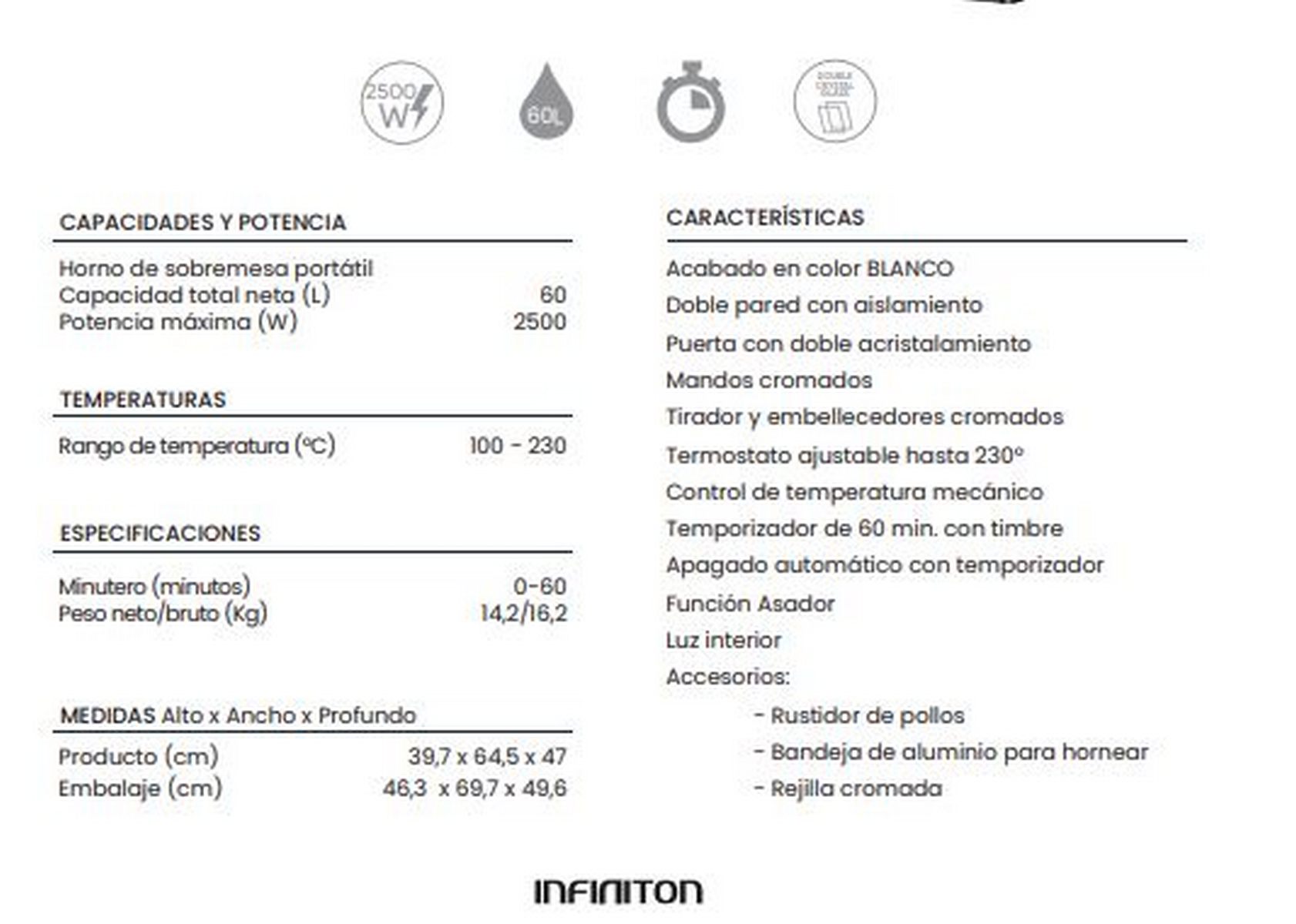 Horno de sobremesa Infiniton HSM-81C60B blanco 2000w 60cm convección